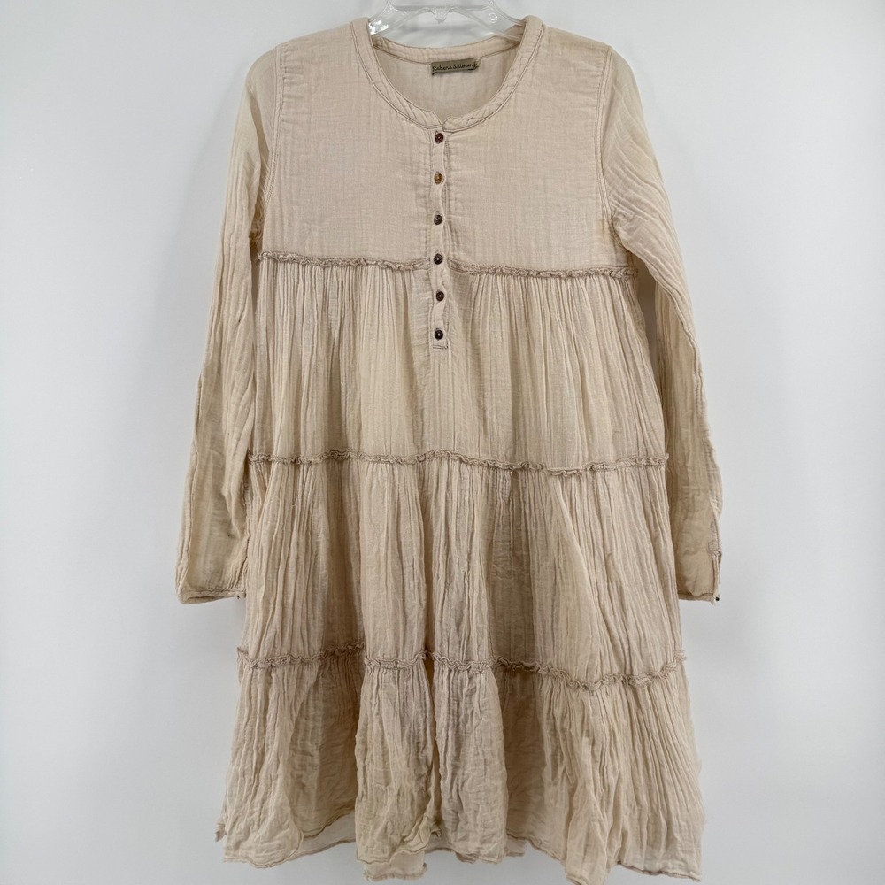Rabens Saloner Tiered Mini Dress Womens XS Tan Gauze Long Sleeve Boho‎ Ruffle